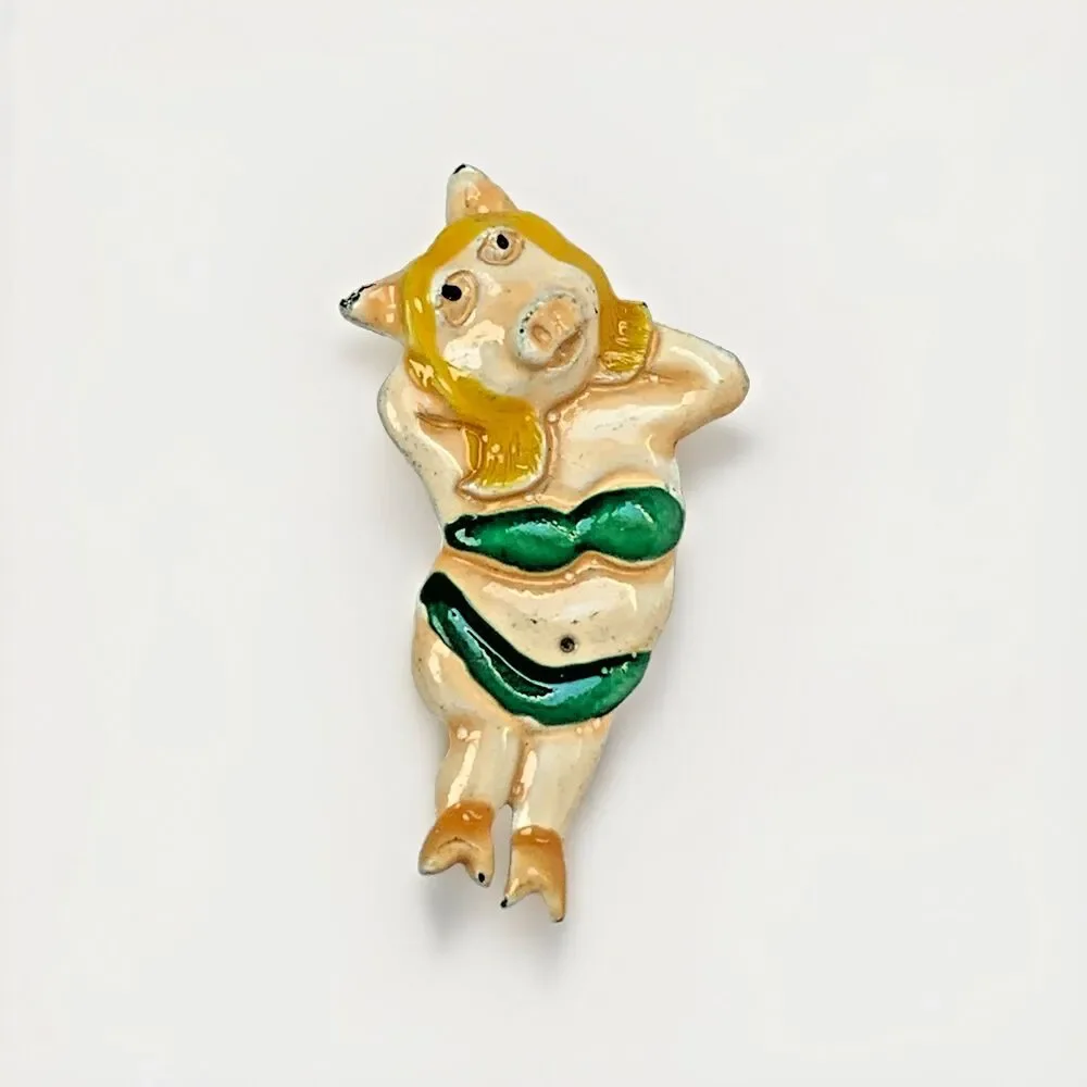 Vintage Blonde Pig Bikini Enamel Figural Brooch Pin Miss Piggy Style